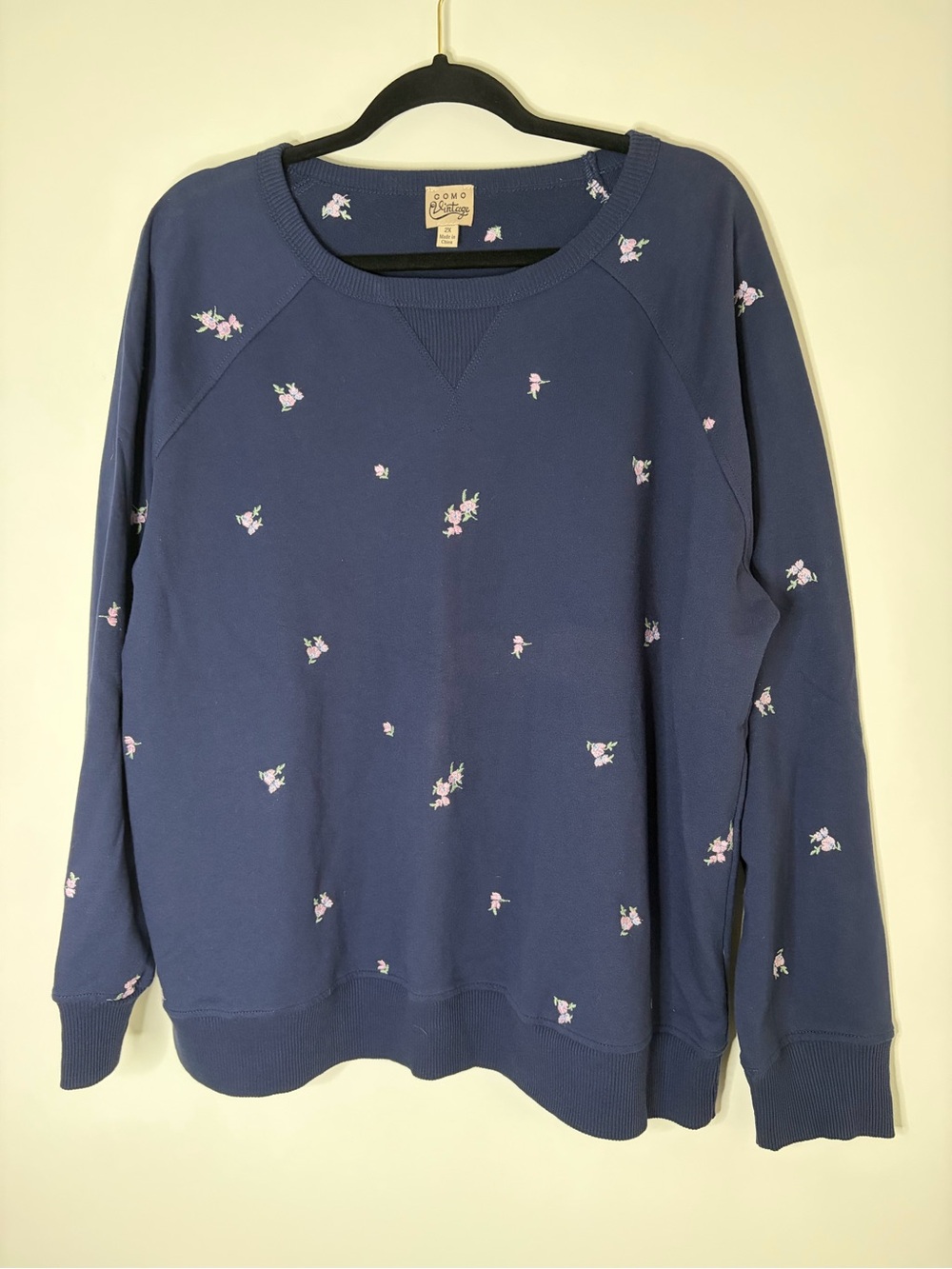 Como Vintage Navy Crewneck Cottagecore Sweatshirt with Pink Floral Embroidery